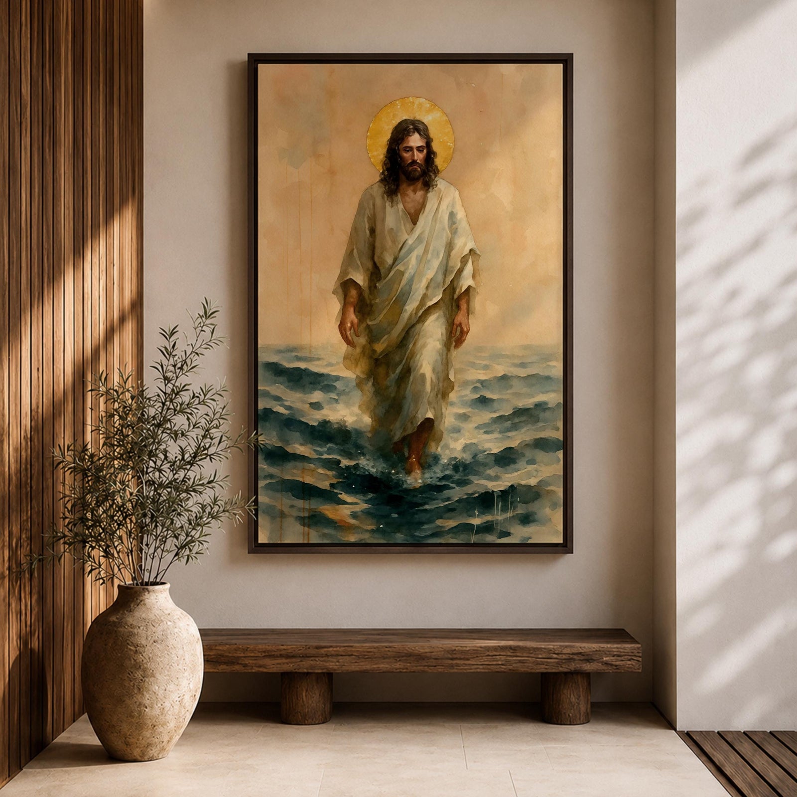 A watercolor style framed canvas depicting Jesus walking on water with a golden halo behind his head. The figure is dressed in flowing robes, stepping across waves with a serene expression. The artwork captures a biblical scene with soft, natural tones and detailed brushwork emphasizing movement and faith.