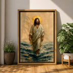 A watercolor style framed canvas depicting Jesus walking on water with a golden halo behind his head. The figure is dressed in flowing robes, stepping across waves with a serene expression. The artwork captures a biblical scene with soft, natural tones and detailed brushwork emphasizing movement and faith.