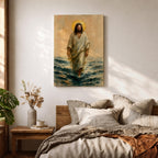 A watercolor style framed canvas depicting Jesus walking on water with a golden halo behind his head. The figure is dressed in flowing robes, stepping across waves with a serene expression. The artwork captures a biblical scene with soft, natural tones and detailed brushwork emphasizing movement and faith.