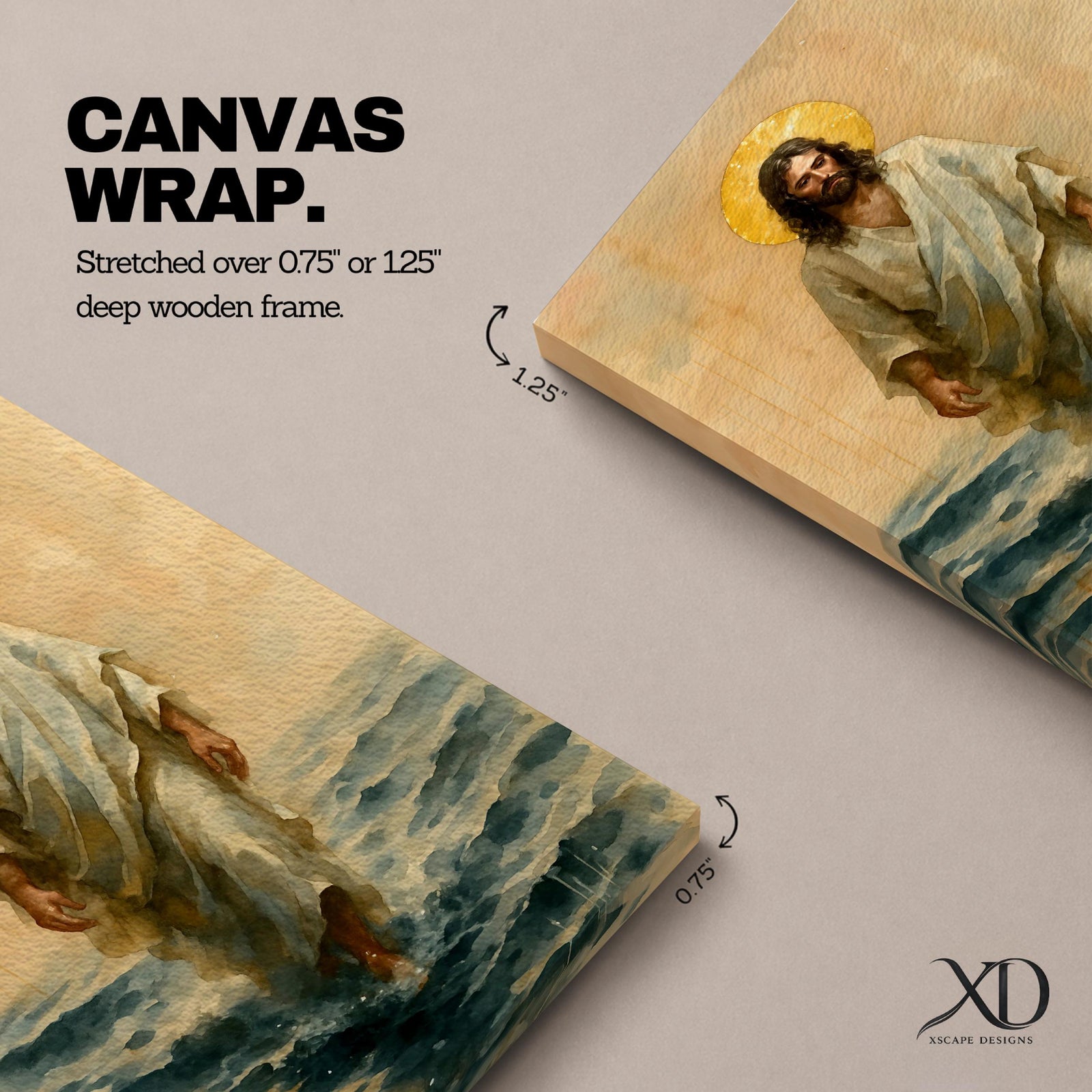 A watercolor style framed canvas depicting Jesus walking on water with a golden halo behind his head. The figure is dressed in flowing robes, stepping across waves with a serene expression. The artwork captures a biblical scene with soft, natural tones and detailed brushwork emphasizing movement and faith.