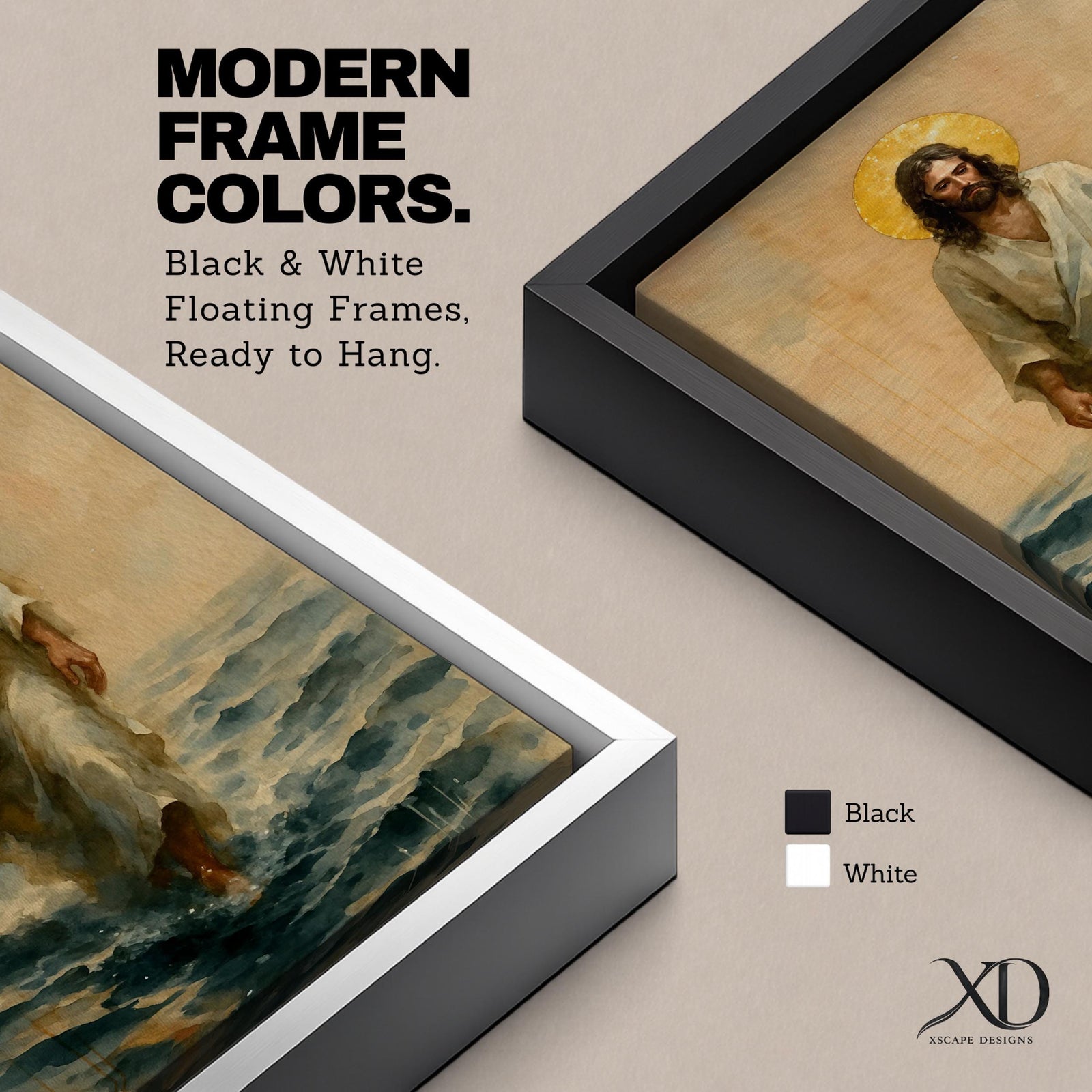 A watercolor style framed canvas depicting Jesus walking on water with a golden halo behind his head. The figure is dressed in flowing robes, stepping across waves with a serene expression. The artwork captures a biblical scene with soft, natural tones and detailed brushwork emphasizing movement and faith.