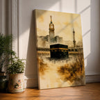 Soft watercolor artwork depicting the Kaaba at the center of Masjid Al Haram in Mecca, with the Abraj Al Bait clock tower and a tall minaret rising behind the mosque’s arches, rendered in warm sepia tones and fluid brushstrokes that create a peaceful and reverent atmosphere around the sacred Islamic landmark.