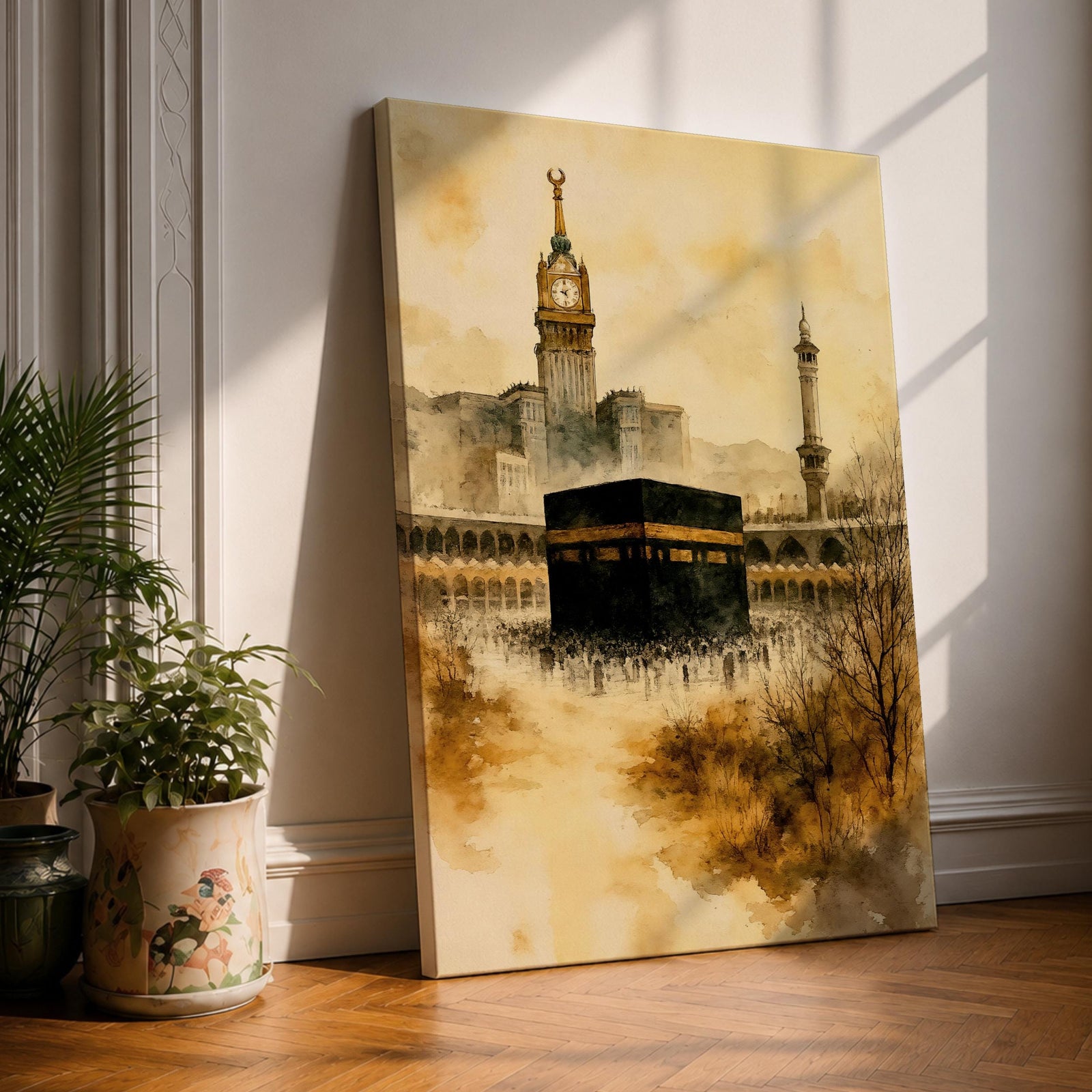 Soft watercolor artwork depicting the Kaaba at the center of Masjid Al Haram in Mecca, with the Abraj Al Bait clock tower and a tall minaret rising behind the mosque’s arches, rendered in warm sepia tones and fluid brushstrokes that create a peaceful and reverent atmosphere around the sacred Islamic landmark.