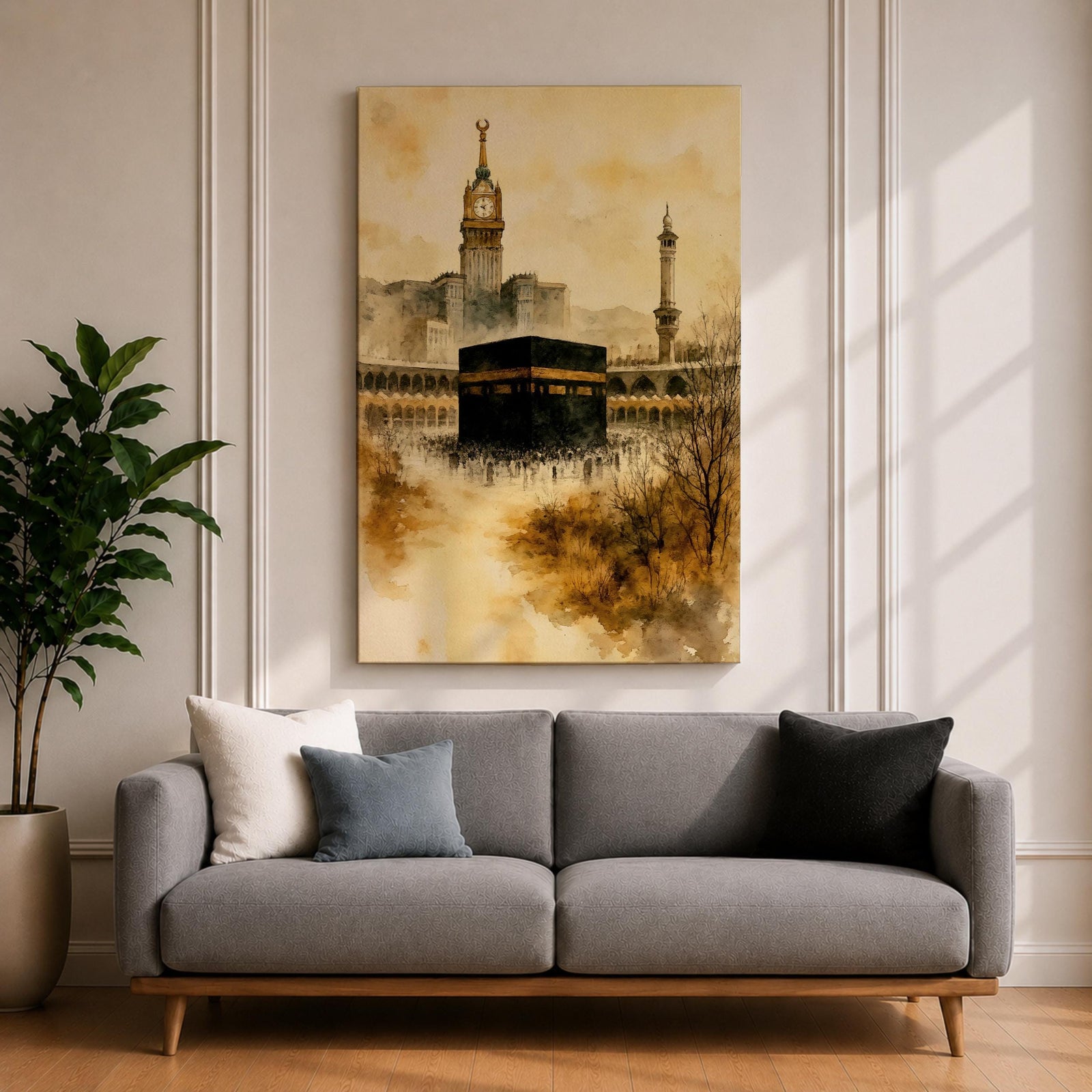 Soft watercolor artwork depicting the Kaaba at the center of Masjid Al Haram in Mecca, with the Abraj Al Bait clock tower and a tall minaret rising behind the mosque’s arches, rendered in warm sepia tones and fluid brushstrokes that create a peaceful and reverent atmosphere around the sacred Islamic landmark.
