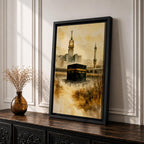 Soft watercolor artwork depicting the Kaaba at the center of Masjid Al Haram in Mecca, with the Abraj Al Bait clock tower and a tall minaret rising behind the mosque’s arches, rendered in warm sepia tones and fluid brushstrokes that create a peaceful and reverent atmosphere around the sacred Islamic landmark.