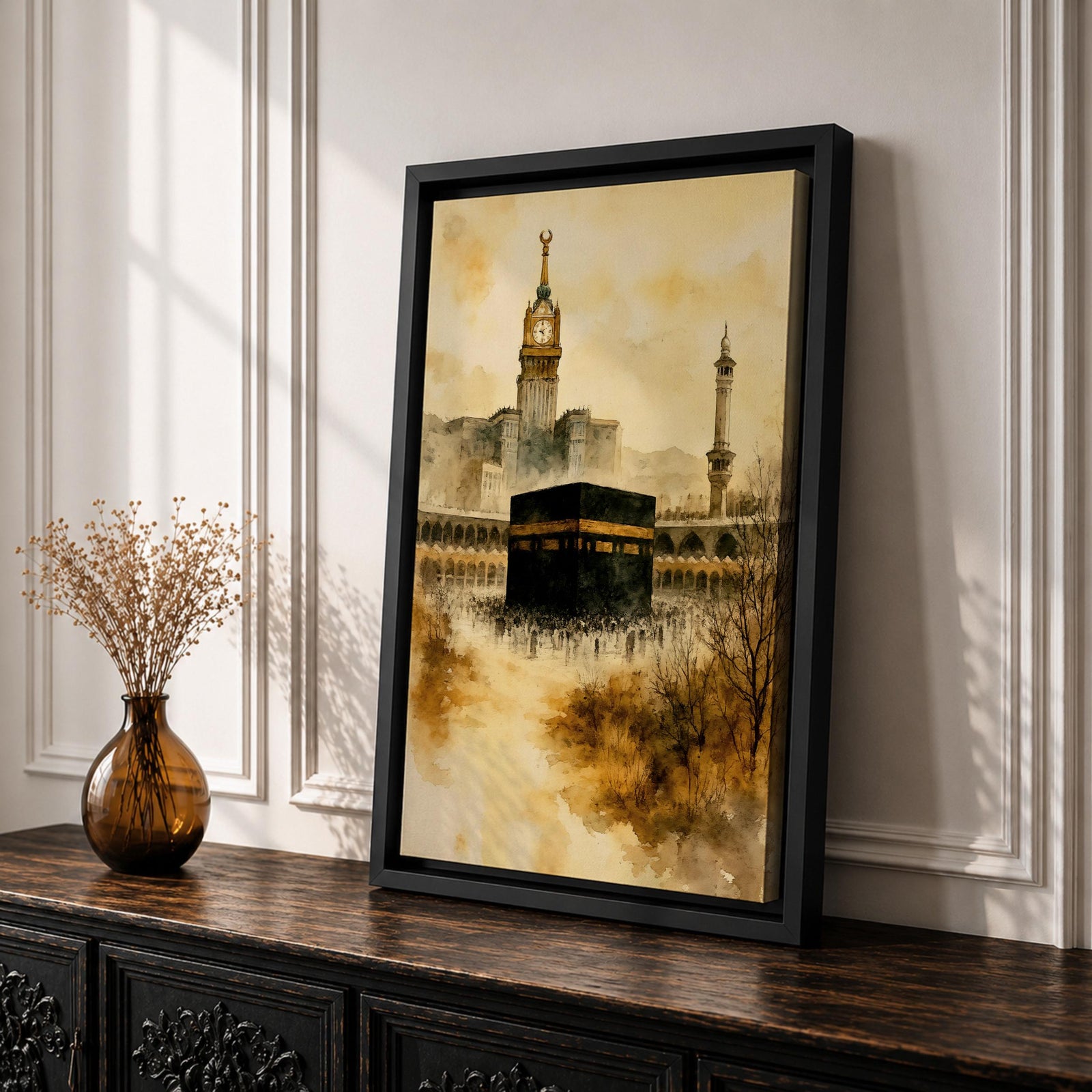 Soft watercolor artwork depicting the Kaaba at the center of Masjid Al Haram in Mecca, with the Abraj Al Bait clock tower and a tall minaret rising behind the mosque’s arches, rendered in warm sepia tones and fluid brushstrokes that create a peaceful and reverent atmosphere around the sacred Islamic landmark.