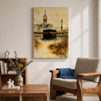 Soft watercolor artwork depicting the Kaaba at the center of Masjid Al Haram in Mecca, with the Abraj Al Bait clock tower and a tall minaret rising behind the mosque’s arches, rendered in warm sepia tones and fluid brushstrokes that create a peaceful and reverent atmosphere around the sacred Islamic landmark.