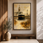 Soft watercolor artwork depicting the Kaaba at the center of Masjid Al Haram in Mecca, with the Abraj Al Bait clock tower and a tall minaret rising behind the mosque’s arches, rendered in warm sepia tones and fluid brushstrokes that create a peaceful and reverent atmosphere around the sacred Islamic landmark.
