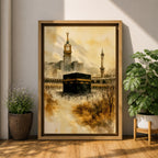 Soft watercolor artwork depicting the Kaaba at the center of Masjid Al Haram in Mecca, with the Abraj Al Bait clock tower and a tall minaret rising behind the mosque’s arches, rendered in warm sepia tones and fluid brushstrokes that create a peaceful and reverent atmosphere around the sacred Islamic landmark.