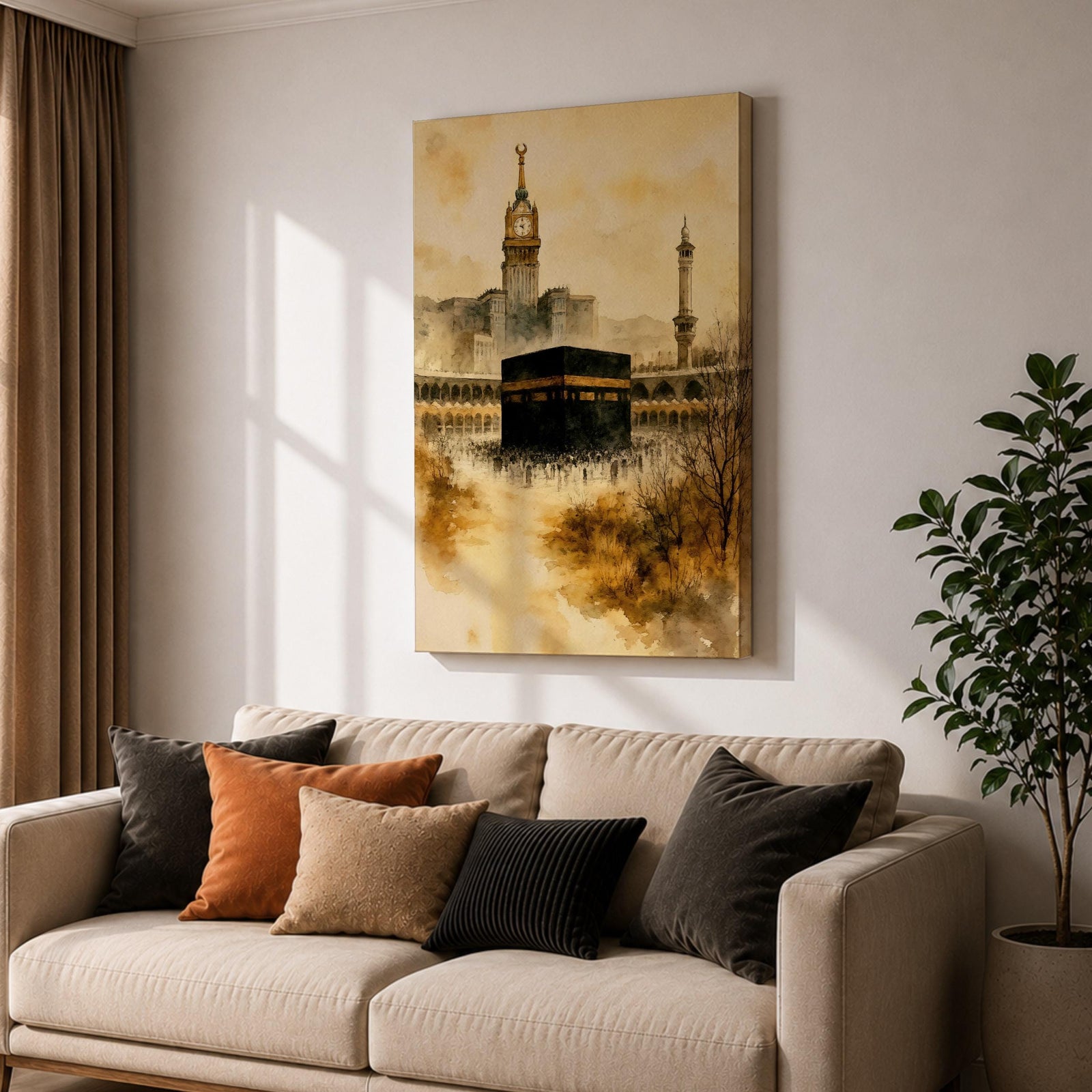 Soft watercolor artwork depicting the Kaaba at the center of Masjid Al Haram in Mecca, with the Abraj Al Bait clock tower and a tall minaret rising behind the mosque’s arches, rendered in warm sepia tones and fluid brushstrokes that create a peaceful and reverent atmosphere around the sacred Islamic landmark.