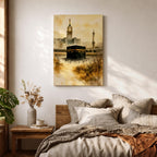 Soft watercolor artwork depicting the Kaaba at the center of Masjid Al Haram in Mecca, with the Abraj Al Bait clock tower and a tall minaret rising behind the mosque’s arches, rendered in warm sepia tones and fluid brushstrokes that create a peaceful and reverent atmosphere around the sacred Islamic landmark.