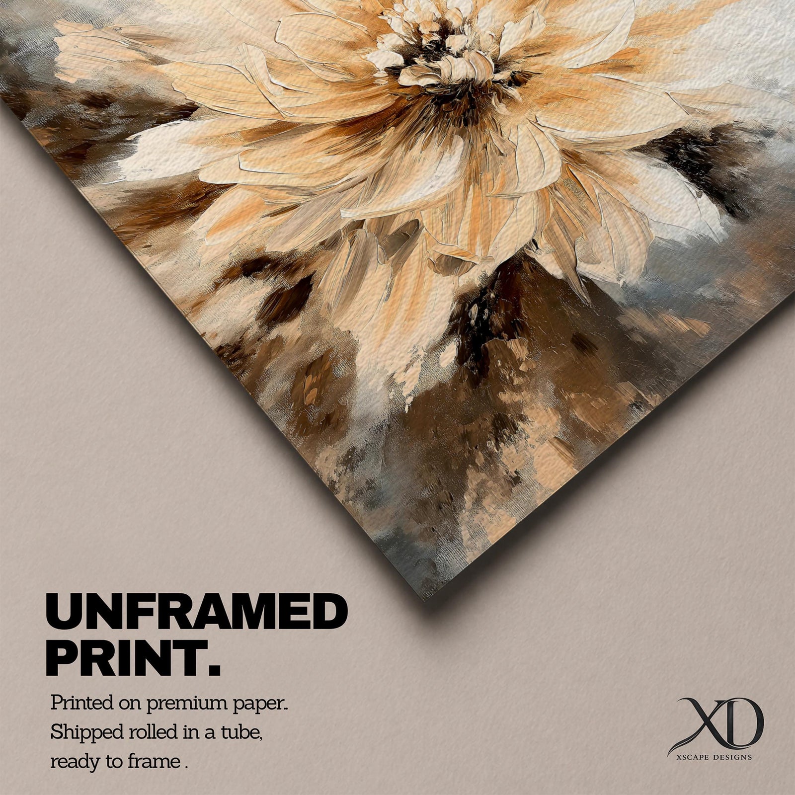 A detailed oil painting of a large floral bloom rendered in soft beige and neutral tones with vintage botanical style. The flower petals are layered and textured with a classic oil paint technique, creating a warm and natural composition focused on the single flower subject.