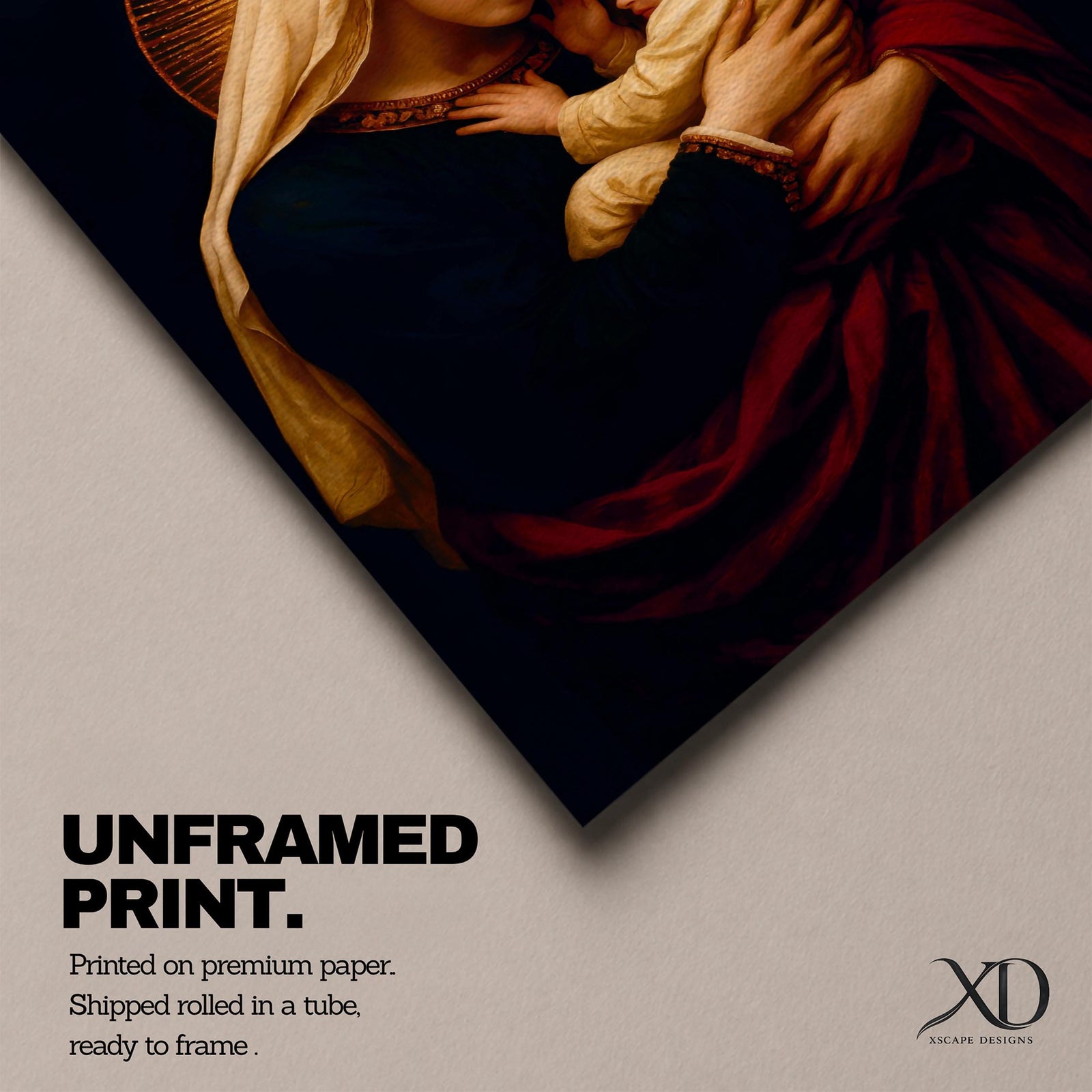 A vintage style framed canvas depicting Virgin Mary holding baby Jesus, both with radiant halos. The image features traditional Catholic iconography with detailed, soft textures and warm tones emphasizing the sacred mother and child portrait.
