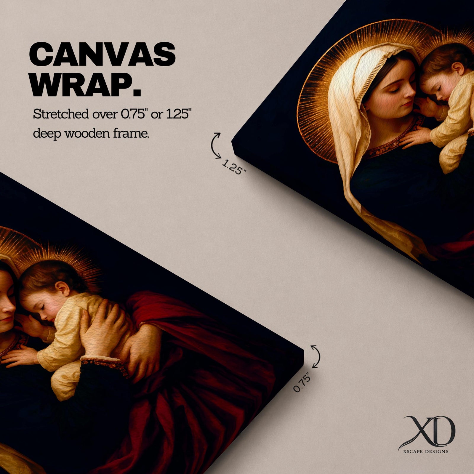 A vintage style framed canvas depicting Virgin Mary holding baby Jesus, both with radiant halos. The image features traditional Catholic iconography with detailed, soft textures and warm tones emphasizing the sacred mother and child portrait.