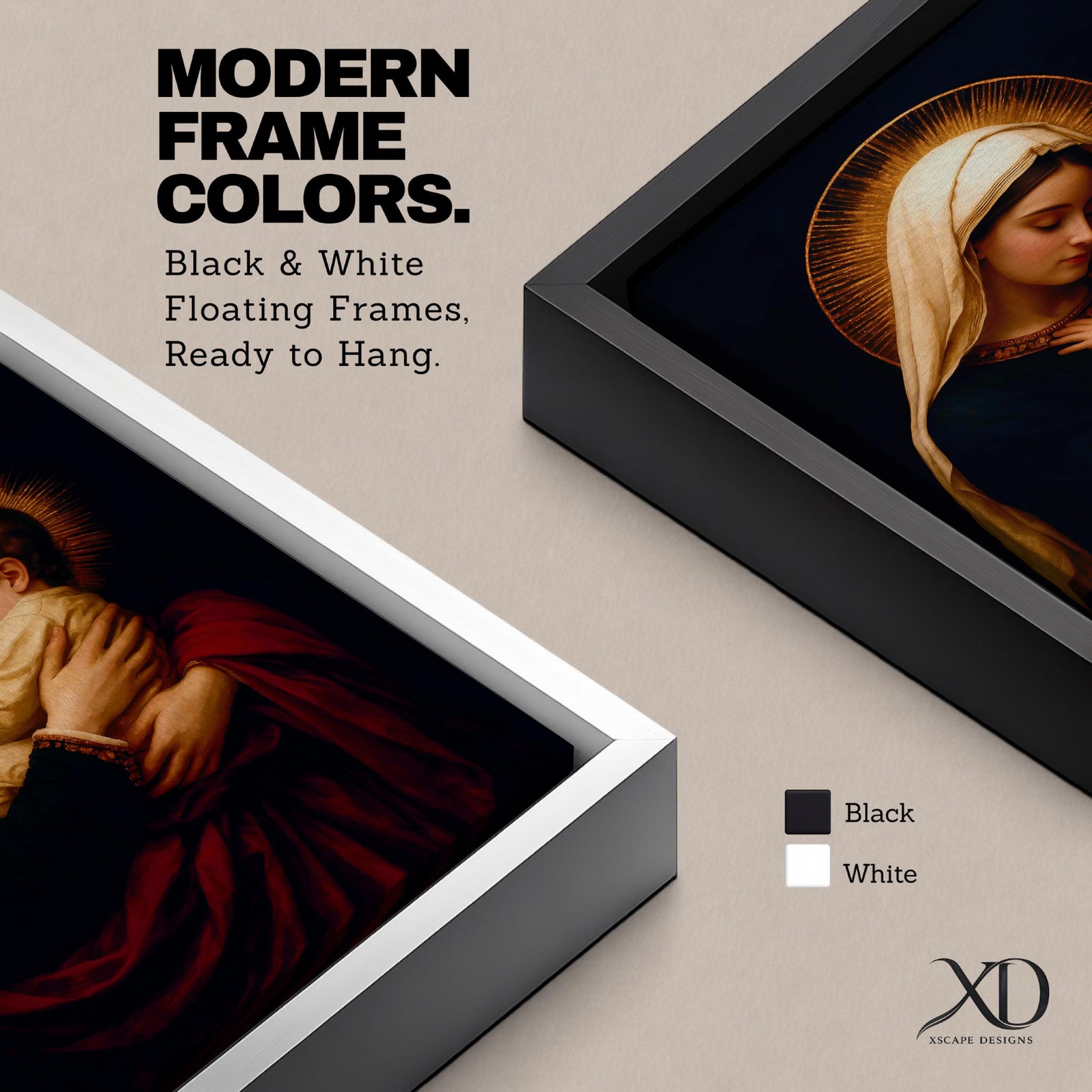 A vintage style framed canvas depicting Virgin Mary holding baby Jesus, both with radiant halos. The image features traditional Catholic iconography with detailed, soft textures and warm tones emphasizing the sacred mother and child portrait.