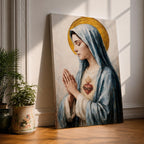 A detailed painting of the Immaculate Heart of Mary depicting a woman in a blue veil with hands clasped in prayer, a flaming heart with thorns on her chest, rendered in a vintage style with soft brushstrokes and a golden halo behind her head.