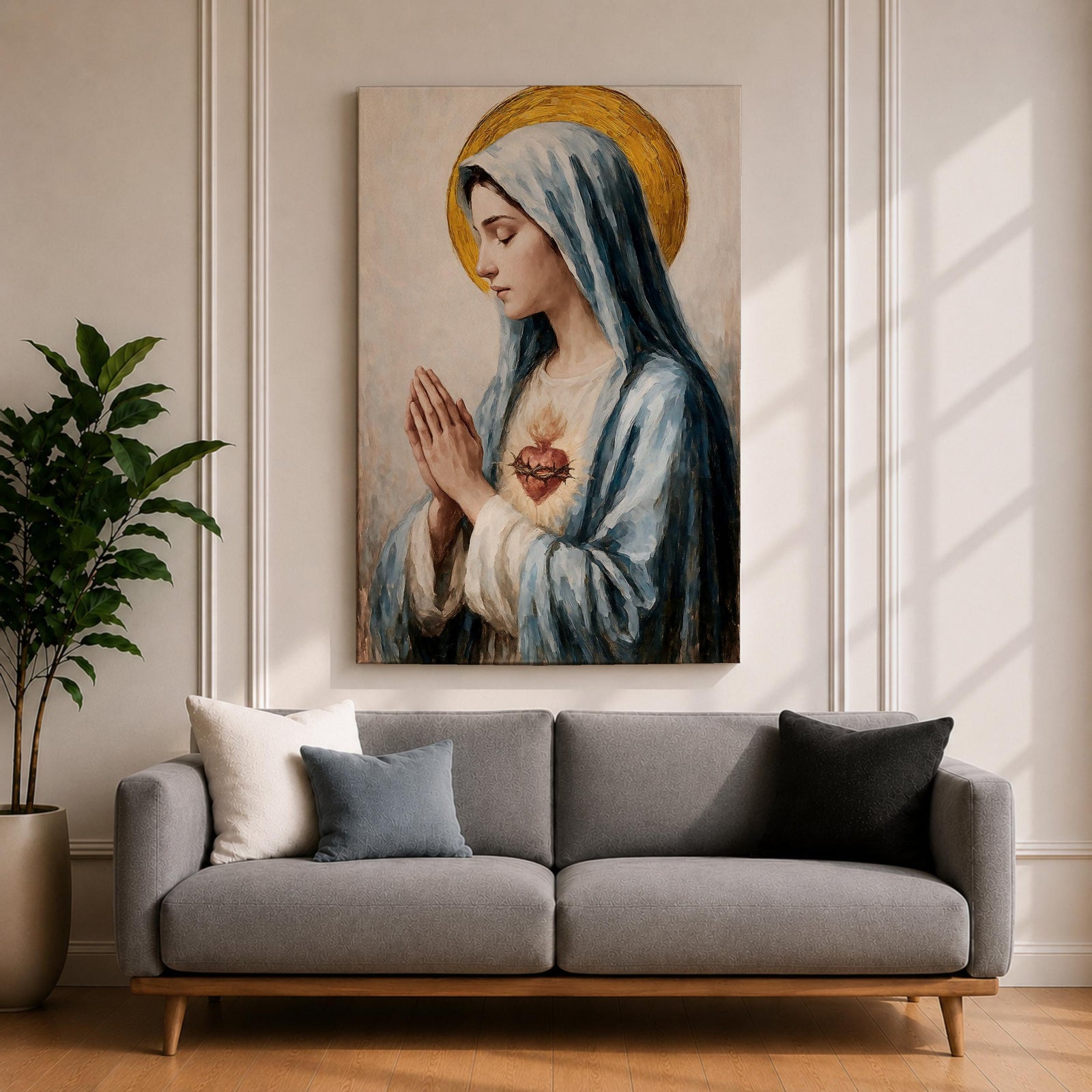 A detailed painting of the Immaculate Heart of Mary depicting a woman in a blue veil with hands clasped in prayer, a flaming heart with thorns on her chest, rendered in a vintage style with soft brushstrokes and a golden halo behind her head.