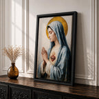 A detailed painting of the Immaculate Heart of Mary depicting a woman in a blue veil with hands clasped in prayer, a flaming heart with thorns on her chest, rendered in a vintage style with soft brushstrokes and a golden halo behind her head.