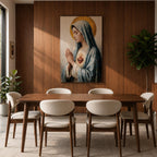 A detailed painting of the Immaculate Heart of Mary depicting a woman in a blue veil with hands clasped in prayer, a flaming heart with thorns on her chest, rendered in a vintage style with soft brushstrokes and a golden halo behind her head.