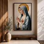 A detailed painting of the Immaculate Heart of Mary depicting a woman in a blue veil with hands clasped in prayer, a flaming heart with thorns on her chest, rendered in a vintage style with soft brushstrokes and a golden halo behind her head.