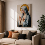 A detailed painting of the Immaculate Heart of Mary depicting a woman in a blue veil with hands clasped in prayer, a flaming heart with thorns on her chest, rendered in a vintage style with soft brushstrokes and a golden halo behind her head.