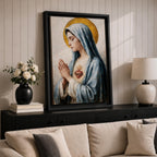 A detailed painting of the Immaculate Heart of Mary depicting a woman in a blue veil with hands clasped in prayer, a flaming heart with thorns on her chest, rendered in a vintage style with soft brushstrokes and a golden halo behind her head.