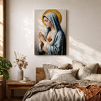 A detailed painting of the Immaculate Heart of Mary depicting a woman in a blue veil with hands clasped in prayer, a flaming heart with thorns on her chest, rendered in a vintage style with soft brushstrokes and a golden halo behind her head.