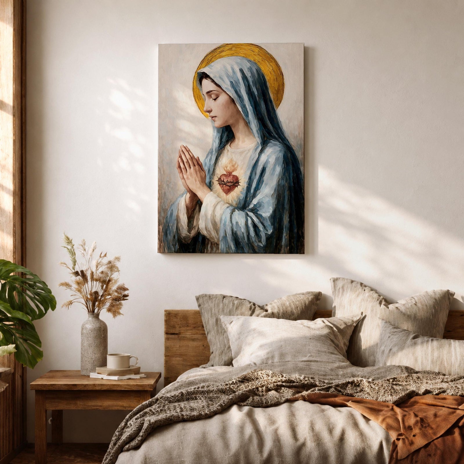 A detailed painting of the Immaculate Heart of Mary depicting a woman in a blue veil with hands clasped in prayer, a flaming heart with thorns on her chest, rendered in a vintage style with soft brushstrokes and a golden halo behind her head.