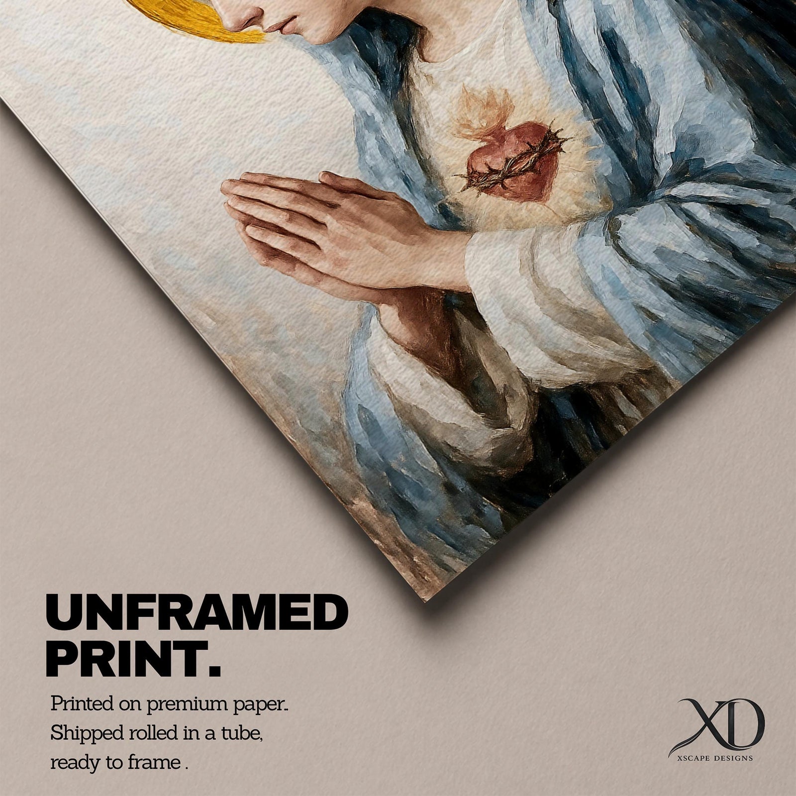A detailed painting of the Immaculate Heart of Mary depicting a woman in a blue veil with hands clasped in prayer, a flaming heart with thorns on her chest, rendered in a vintage style with soft brushstrokes and a golden halo behind her head.