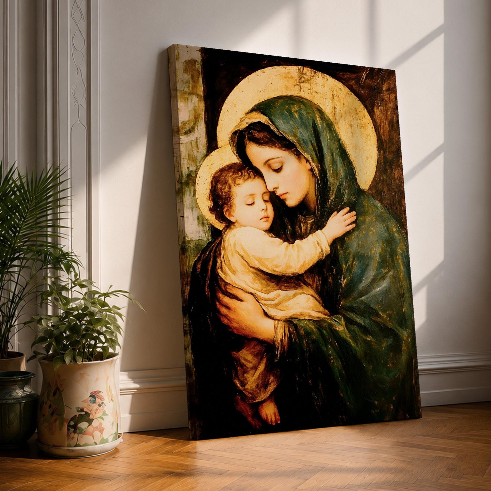 Painting of the Virgin Mary gently holding the sleeping baby Jesus in her arms, both figures shown with soft golden halos while Mary wears a green mantle and tenderly embraces the child, rendered in a traditional devotional style emphasizing the Madonna and Child composition with warm tones and classic Christian iconography.