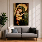 Painting of the Virgin Mary gently holding the sleeping baby Jesus in her arms, both figures shown with soft golden halos while Mary wears a green mantle and tenderly embraces the child, rendered in a traditional devotional style emphasizing the Madonna and Child composition with warm tones and classic Christian iconography.
