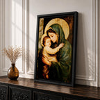 Painting of the Virgin Mary gently holding the sleeping baby Jesus in her arms, both figures shown with soft golden halos while Mary wears a green mantle and tenderly embraces the child, rendered in a traditional devotional style emphasizing the Madonna and Child composition with warm tones and classic Christian iconography.