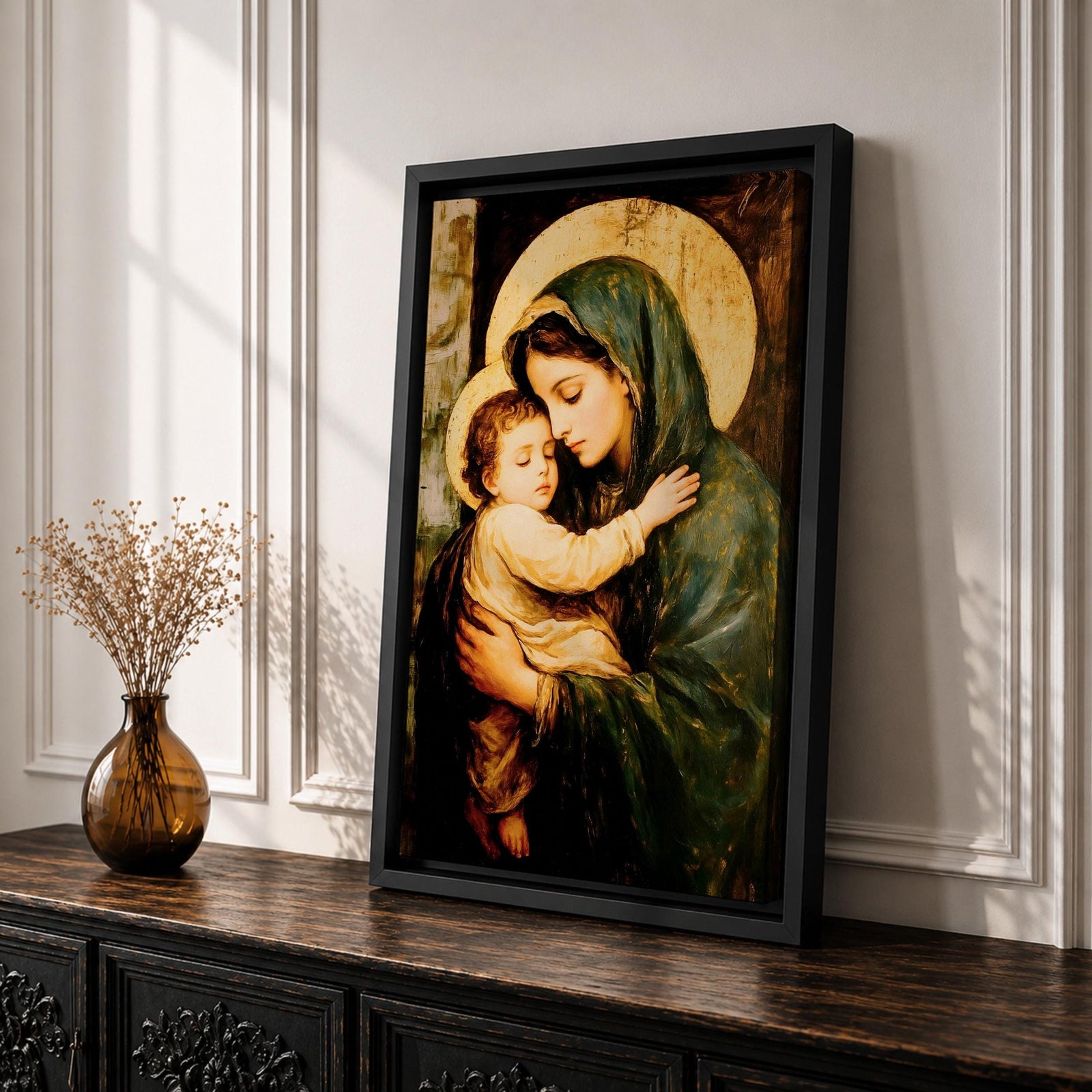 Painting of the Virgin Mary gently holding the sleeping baby Jesus in her arms, both figures shown with soft golden halos while Mary wears a green mantle and tenderly embraces the child, rendered in a traditional devotional style emphasizing the Madonna and Child composition with warm tones and classic Christian iconography.
