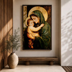 Painting of the Virgin Mary gently holding the sleeping baby Jesus in her arms, both figures shown with soft golden halos while Mary wears a green mantle and tenderly embraces the child, rendered in a traditional devotional style emphasizing the Madonna and Child composition with warm tones and classic Christian iconography.