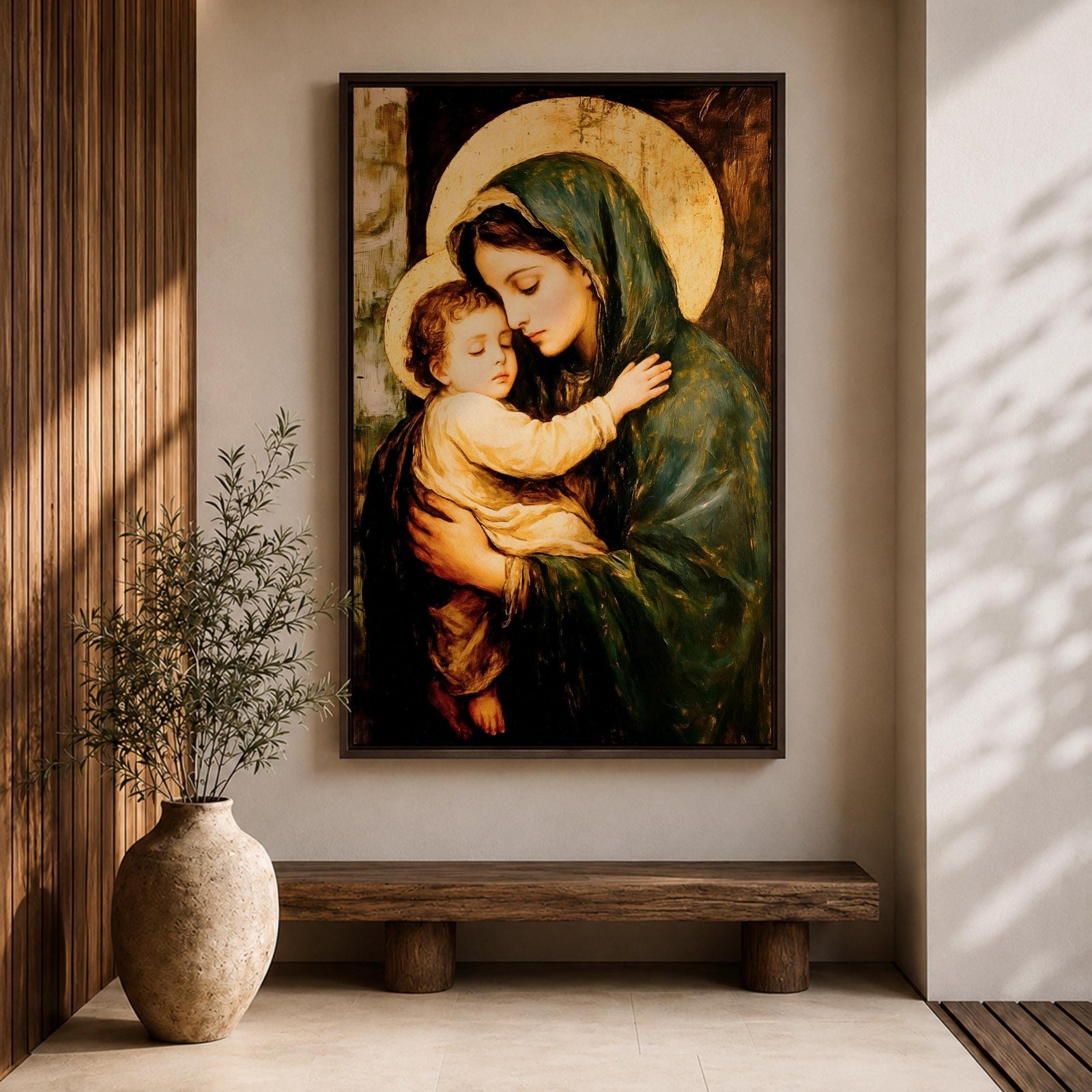 Painting of the Virgin Mary gently holding the sleeping baby Jesus in her arms, both figures shown with soft golden halos while Mary wears a green mantle and tenderly embraces the child, rendered in a traditional devotional style emphasizing the Madonna and Child composition with warm tones and classic Christian iconography.