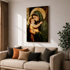 Painting of the Virgin Mary gently holding the sleeping baby Jesus in her arms, both figures shown with soft golden halos while Mary wears a green mantle and tenderly embraces the child, rendered in a traditional devotional style emphasizing the Madonna and Child composition with warm tones and classic Christian iconography.