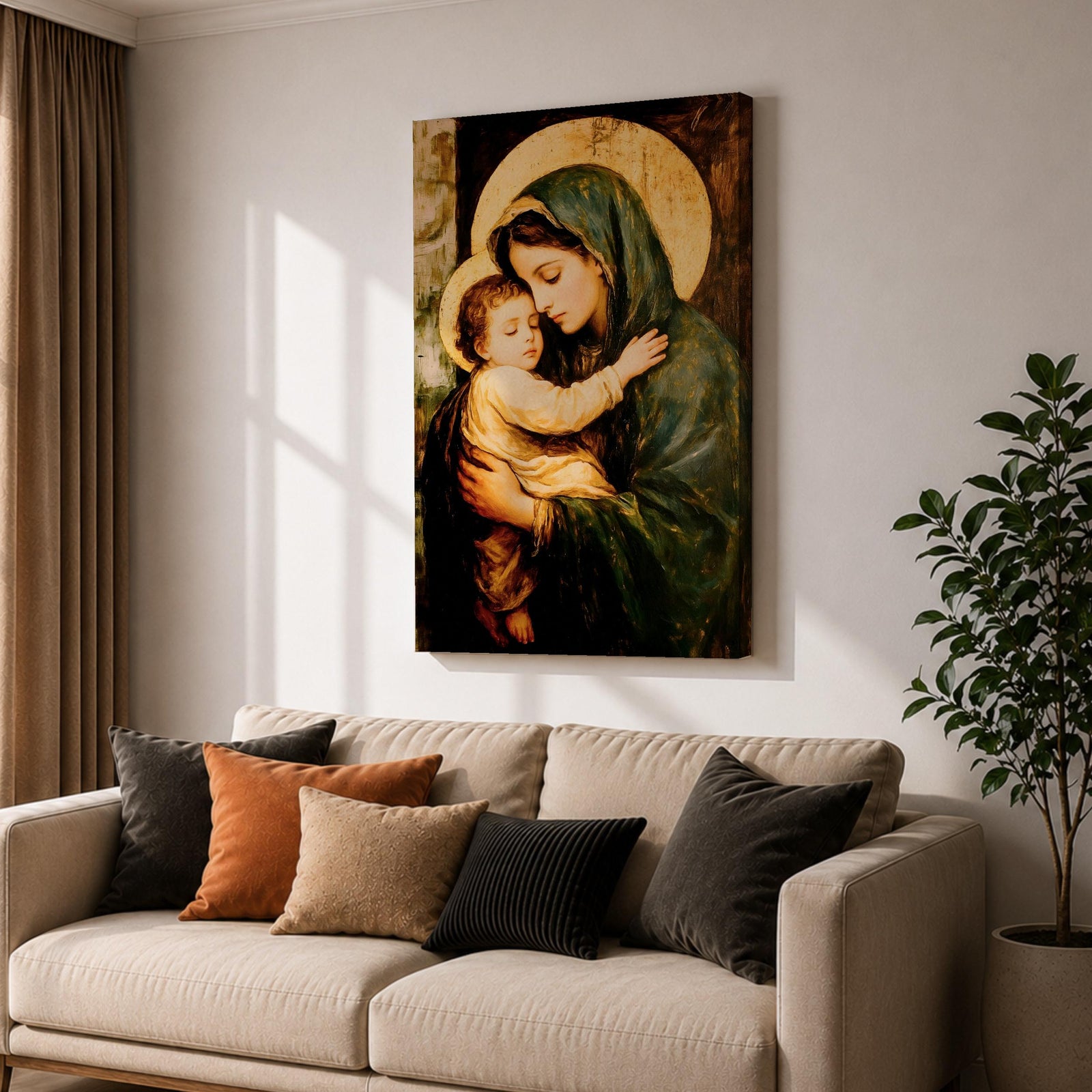 Painting of the Virgin Mary gently holding the sleeping baby Jesus in her arms, both figures shown with soft golden halos while Mary wears a green mantle and tenderly embraces the child, rendered in a traditional devotional style emphasizing the Madonna and Child composition with warm tones and classic Christian iconography.