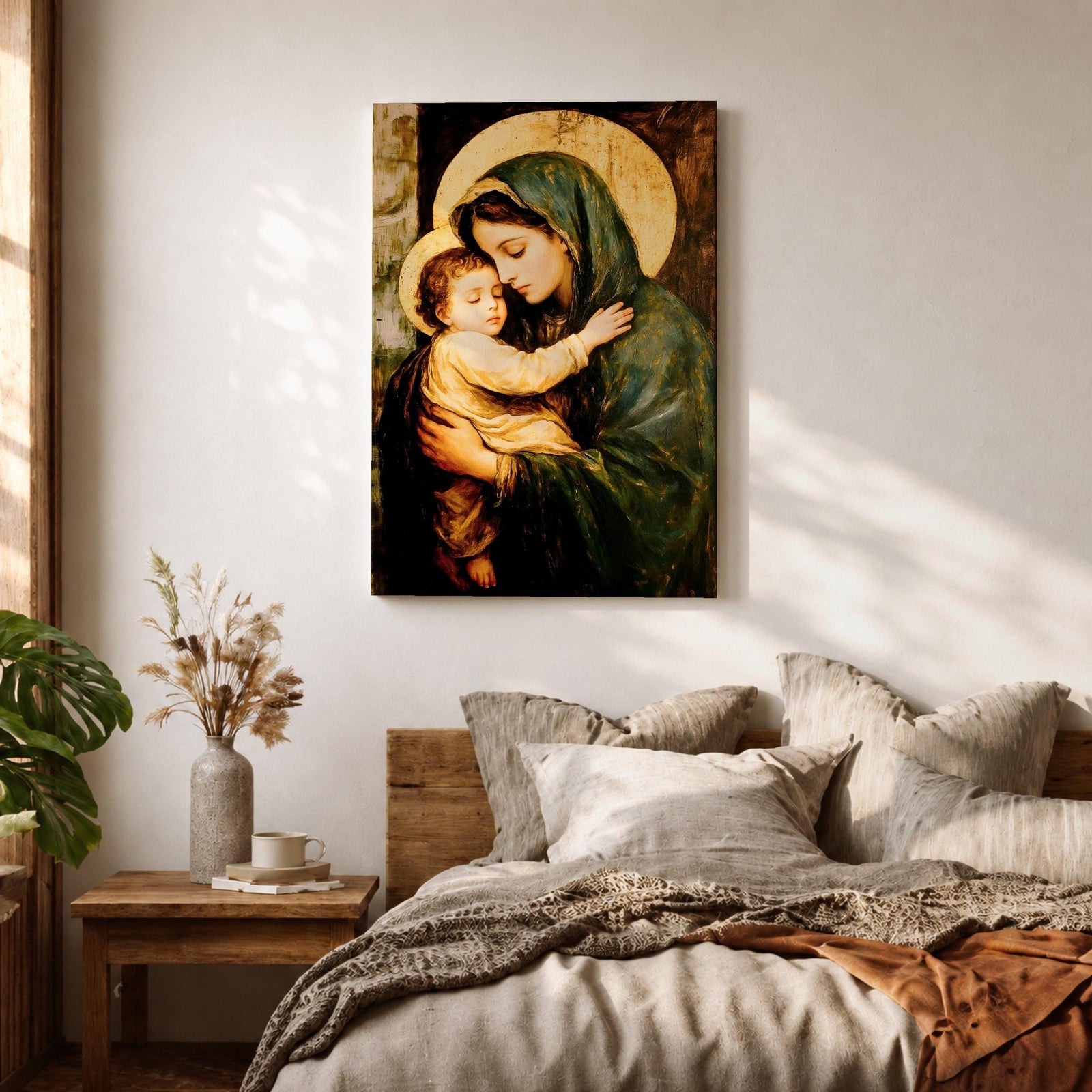 Painting of the Virgin Mary gently holding the sleeping baby Jesus in her arms, both figures shown with soft golden halos while Mary wears a green mantle and tenderly embraces the child, rendered in a traditional devotional style emphasizing the Madonna and Child composition with warm tones and classic Christian iconography.