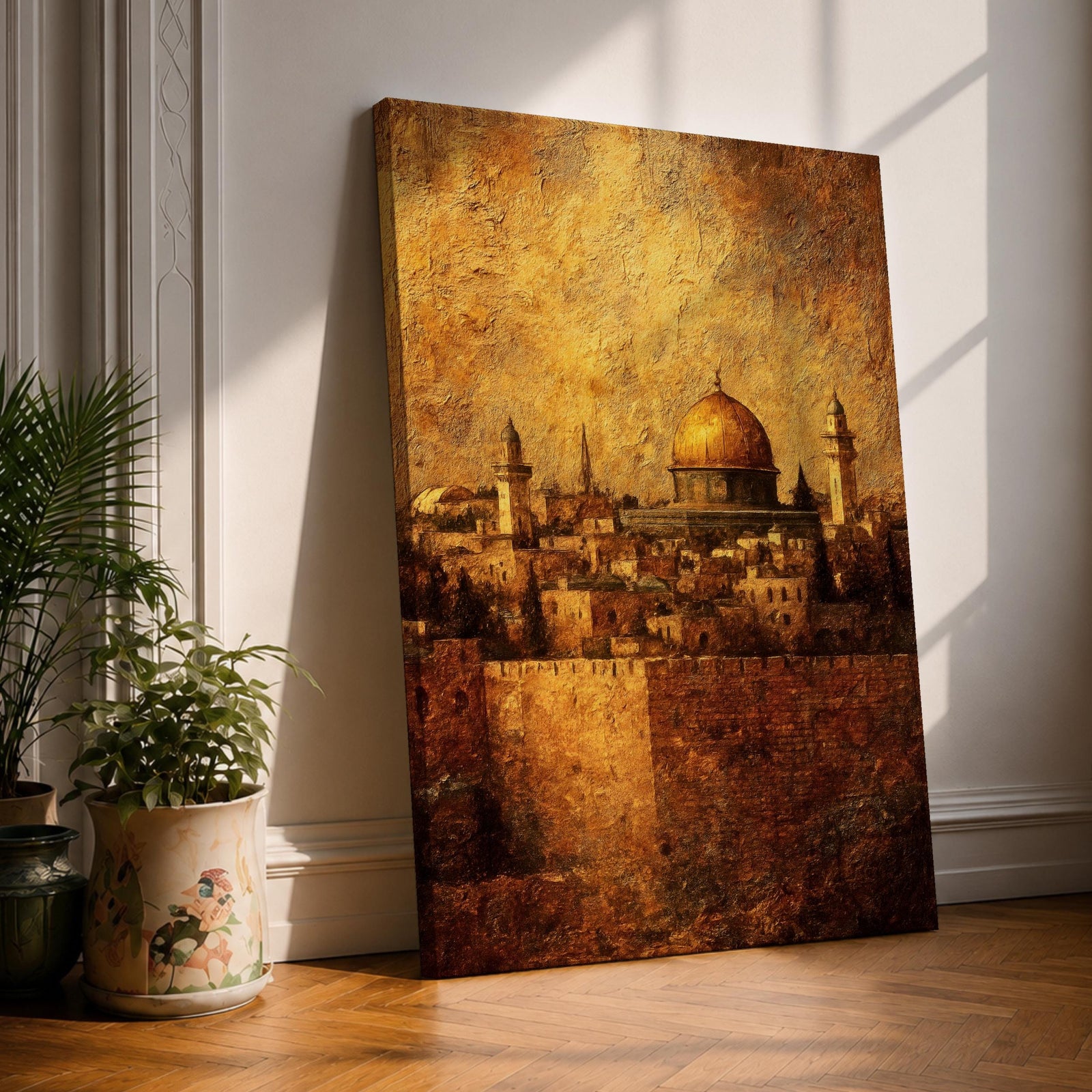 This richly textured artwork portrays the iconic Dome of the Rock in Jerusalem rising above ancient stone walls and cityscape, its gleaming golden dome illuminated in warm light against a hazy amber sky, with thick impasto brushstrokes adding depth and an aged, earthy patina to the minarets, cypress trees, and historic buildings below, evoking timeless reverence and spiritual atmosphere.