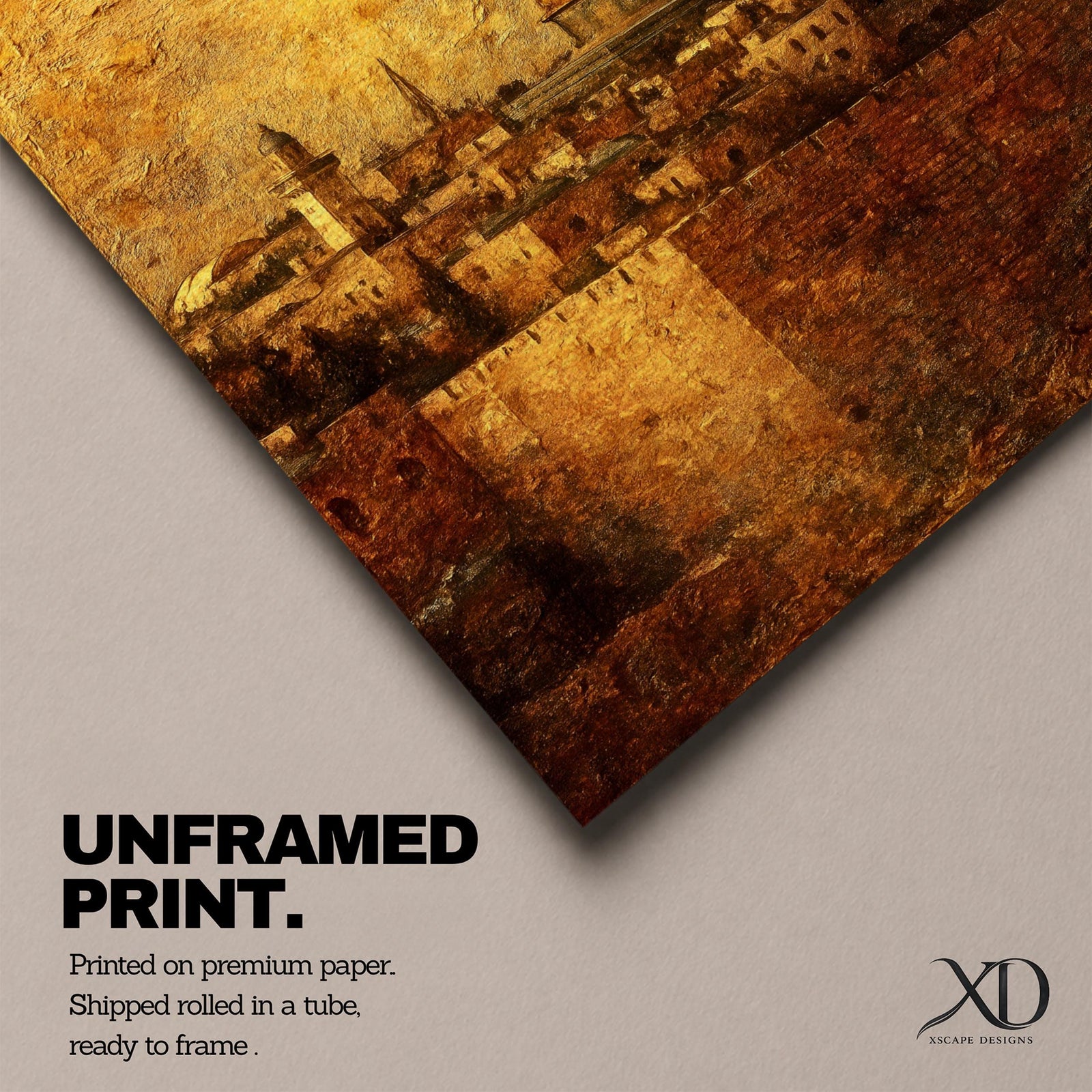 This richly textured artwork portrays the iconic Dome of the Rock in Jerusalem rising above ancient stone walls and cityscape, its gleaming golden dome illuminated in warm light against a hazy amber sky, with thick impasto brushstrokes adding depth and an aged, earthy patina to the minarets, cypress trees, and historic buildings below, evoking timeless reverence and spiritual atmosphere.