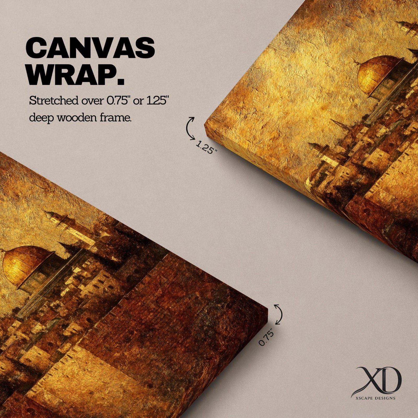 This richly textured artwork portrays the iconic Dome of the Rock in Jerusalem rising above ancient stone walls and cityscape, its gleaming golden dome illuminated in warm light against a hazy amber sky, with thick impasto brushstrokes adding depth and an aged, earthy patina to the minarets, cypress trees, and historic buildings below, evoking timeless reverence and spiritual atmosphere.