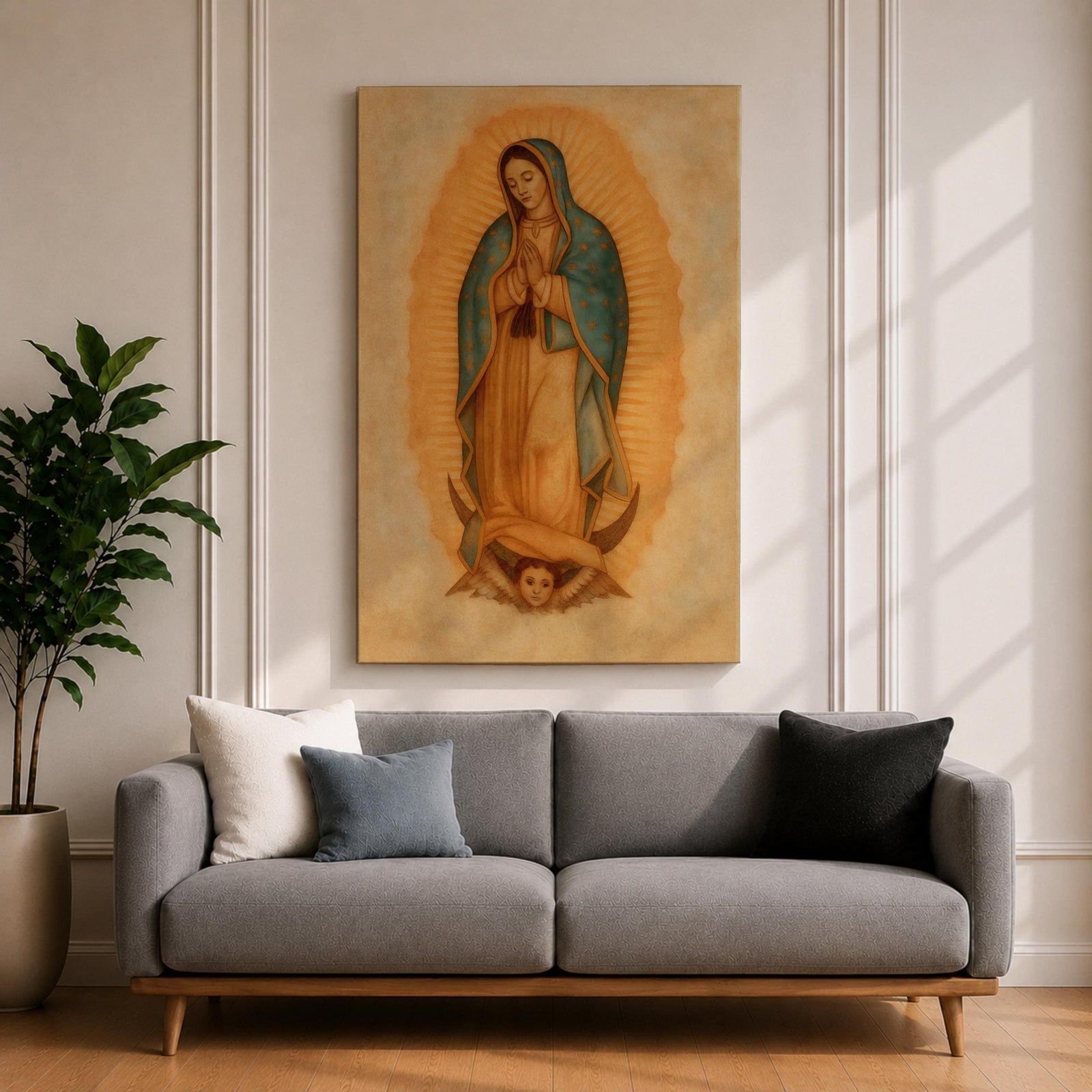 A framed vintage-style depiction of Our Lady of Guadalupe shows a praying woman draped in a starry mantle with a glowing aura, standing on a crescent moon supported by an angel's face, rendered in warm tones with a textured aged background.