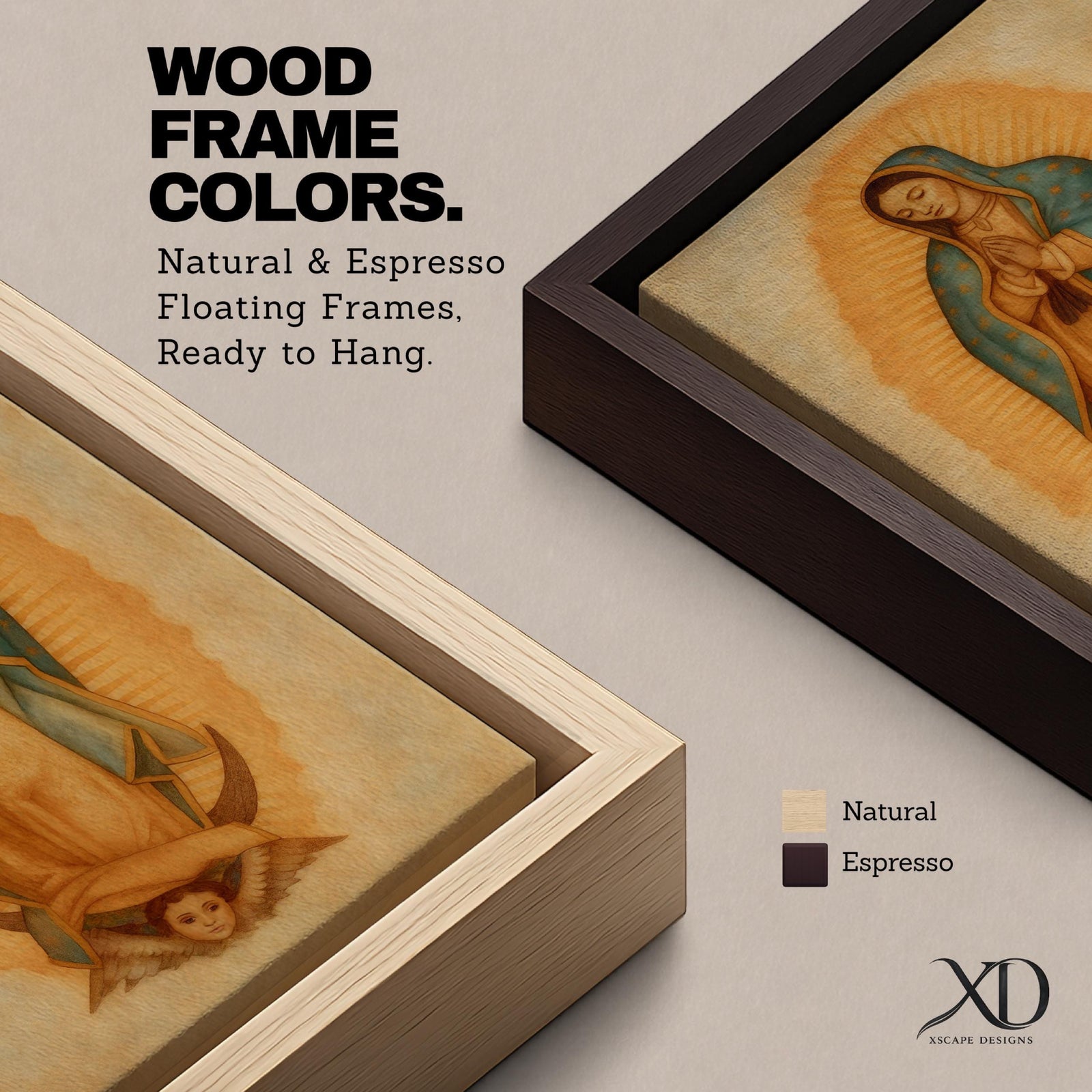 A framed vintage-style depiction of Our Lady of Guadalupe shows a praying woman draped in a starry mantle with a glowing aura, standing on a crescent moon supported by an angel's face, rendered in warm tones with a textured aged background.