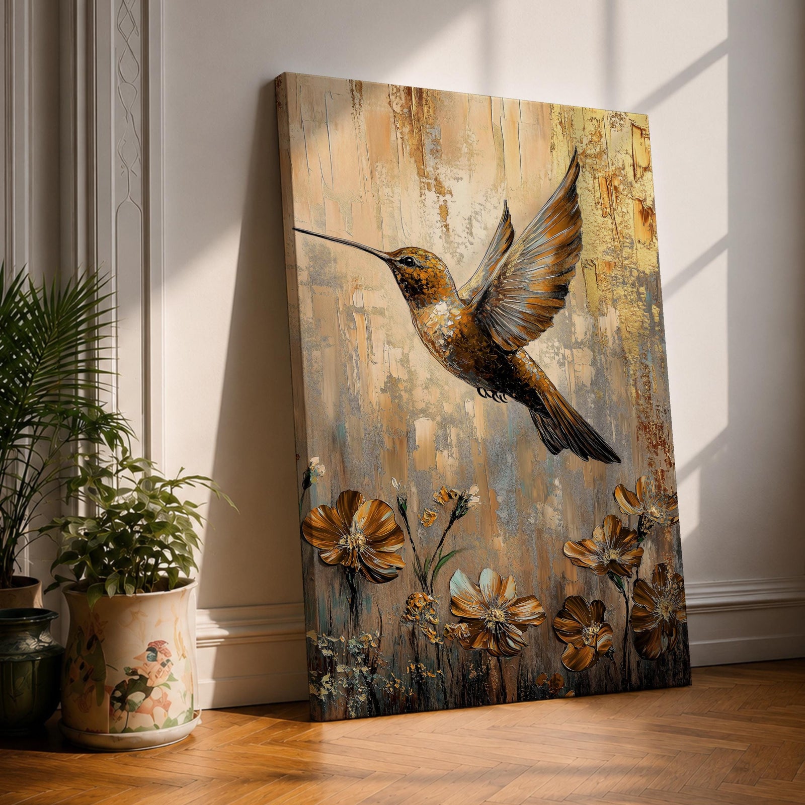A detailed vintage-style framed canvas depicting a ruby-throated hummingbird in mid-flight above blooming flowers, rendered with textured brush strokes and warm tones, capturing the delicate beauty of the bird and floral elements in a classic nature-inspired composition.