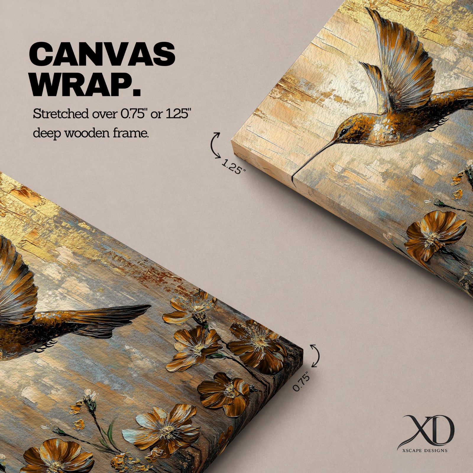 A detailed vintage-style framed canvas depicting a ruby-throated hummingbird in mid-flight above blooming flowers, rendered with textured brush strokes and warm tones, capturing the delicate beauty of the bird and floral elements in a classic nature-inspired composition.