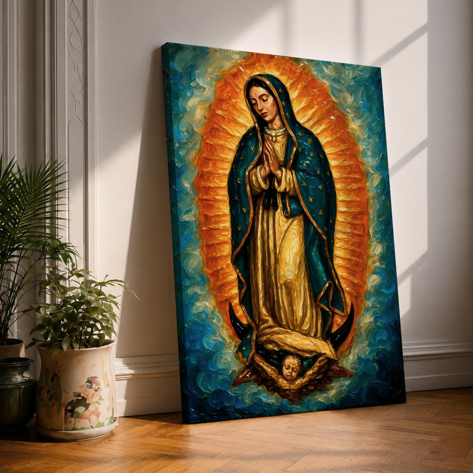 An impasto style oil painting of Our Lady of Guadalupe depicts the Virgin of Guadalupe standing with hands clasped in prayer, surrounded by a radiant orange and blue aura, with detailed brush strokes emphasizing texture and depth, resting on a cherubic angel at her feet.