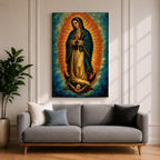 An impasto style oil painting of Our Lady of Guadalupe depicts the Virgin of Guadalupe standing with hands clasped in prayer, surrounded by a radiant orange and blue aura, with detailed brush strokes emphasizing texture and depth, resting on a cherubic angel at her feet.