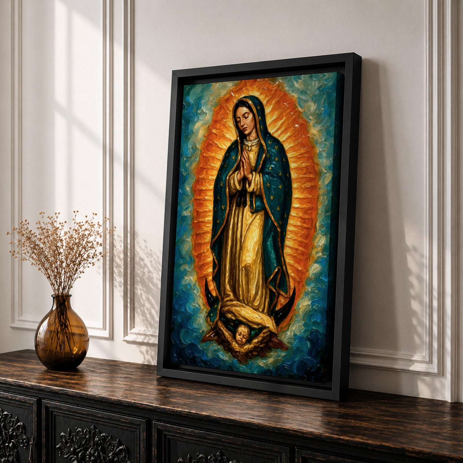 An impasto style oil painting of Our Lady of Guadalupe depicts the Virgin of Guadalupe standing with hands clasped in prayer, surrounded by a radiant orange and blue aura, with detailed brush strokes emphasizing texture and depth, resting on a cherubic angel at her feet.