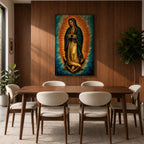 An impasto style oil painting of Our Lady of Guadalupe depicts the Virgin of Guadalupe standing with hands clasped in prayer, surrounded by a radiant orange and blue aura, with detailed brush strokes emphasizing texture and depth, resting on a cherubic angel at her feet.