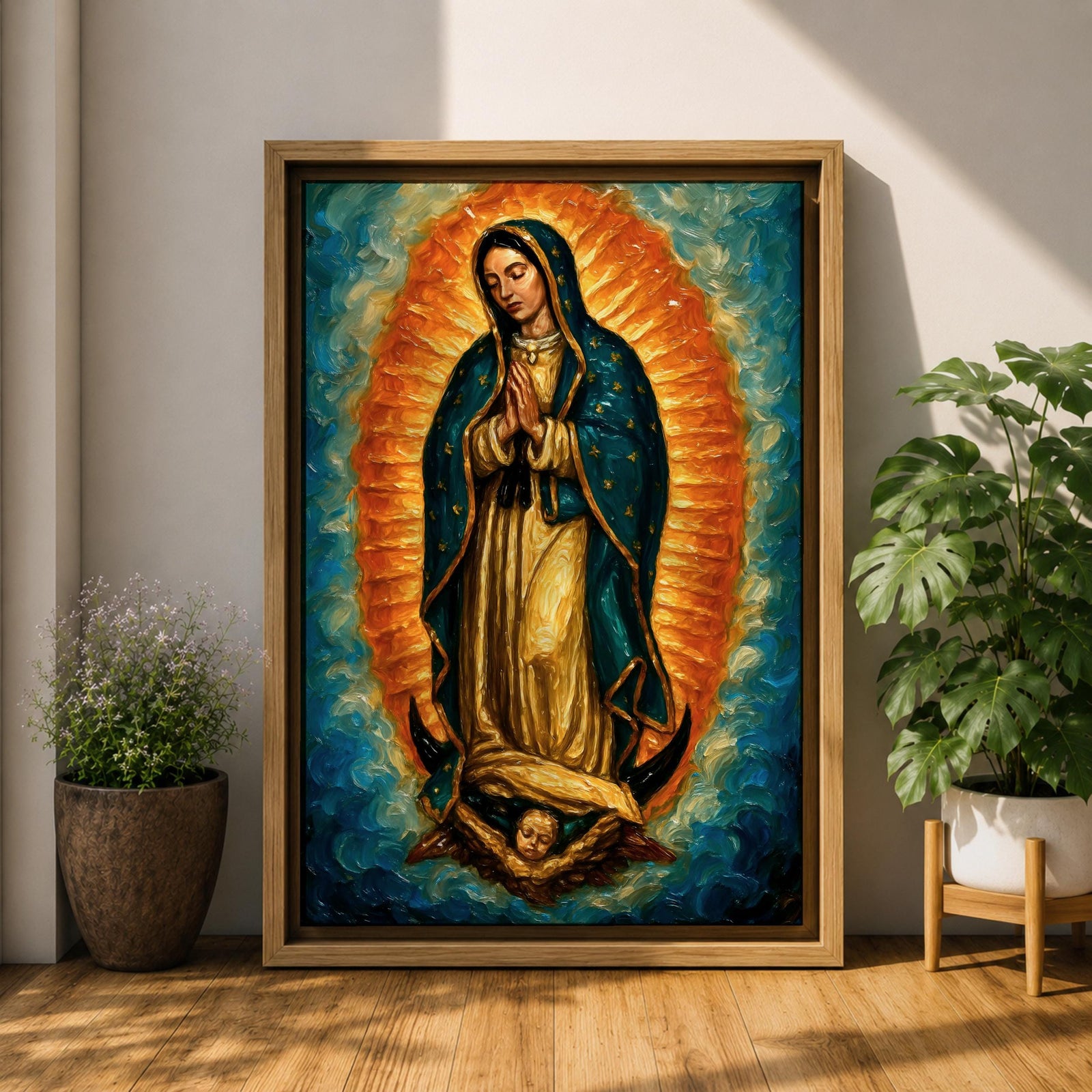 An impasto style oil painting of Our Lady of Guadalupe depicts the Virgin of Guadalupe standing with hands clasped in prayer, surrounded by a radiant orange and blue aura, with detailed brush strokes emphasizing texture and depth, resting on a cherubic angel at her feet.